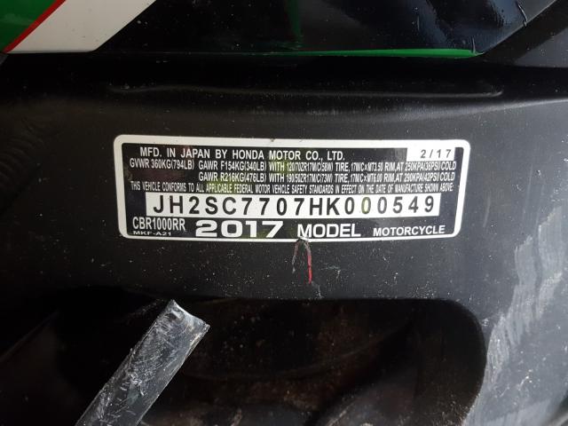 2017 HONDA CBR1000 RR JH2SC7707HK000549