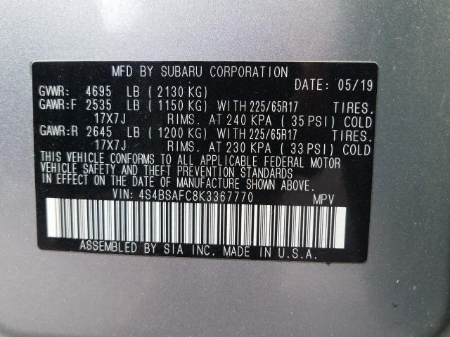 2019 SUBARU OUTBACK 2. 4S4BSAFC8K3367770