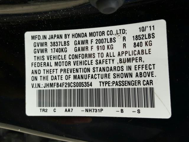 2012 HONDA CIVIC HYBR JHMFB4F29CS005354