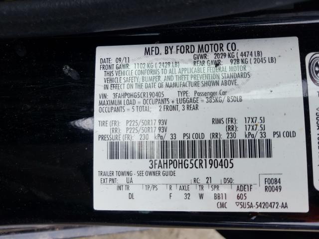 2012 FORD FUSION SE 3FAHP0HG5CR190405