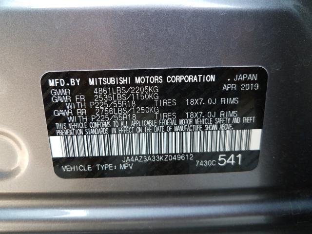 2019 MITSUBISHI OUTLANDER JA4AZ3A33KZ049612