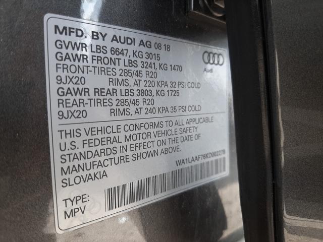 VIN WA1LAAF76KD002278 2019 Audi Q7, Premium Plus no.10