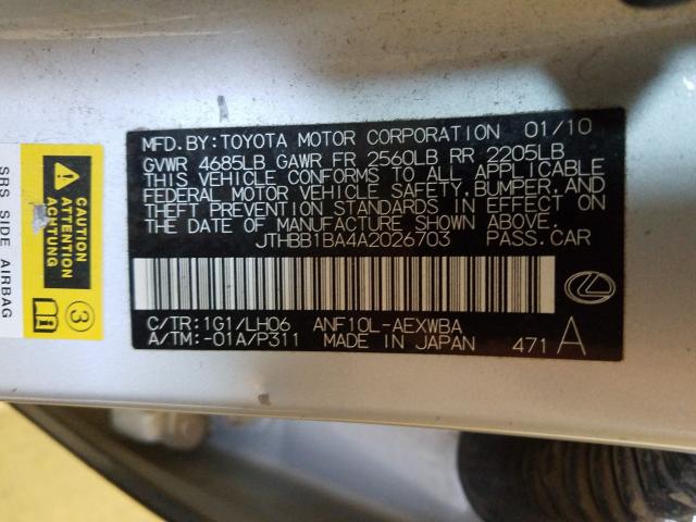 2010 LEXUS HS 250H JTHBB1BA4A2026703