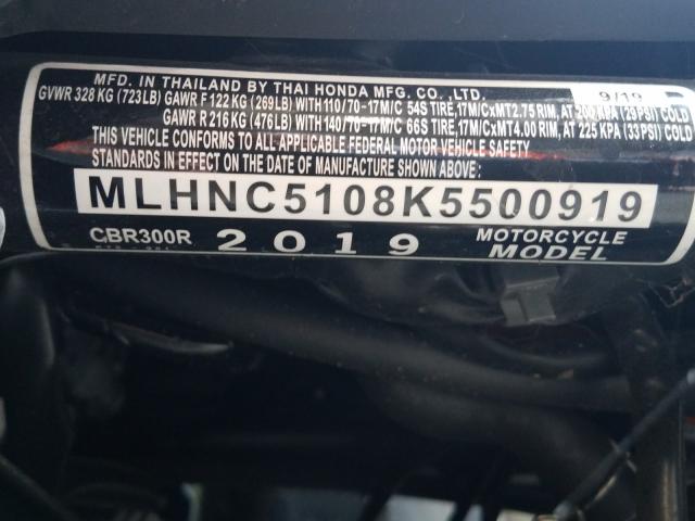 2019 HONDA CBR300 R MLHNC5108K5500919