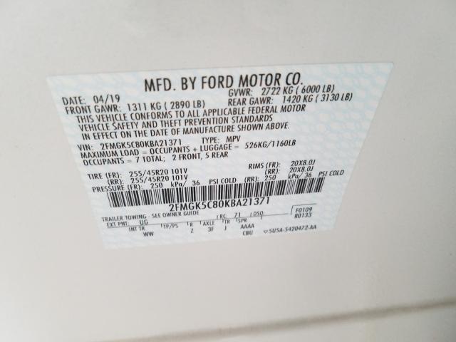 2019 FORD FLEX SEL 2FMGK5C80KBA21371