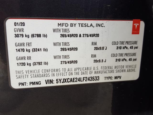 2020 TESLA MODEL X 5YJXCAE24LF243533