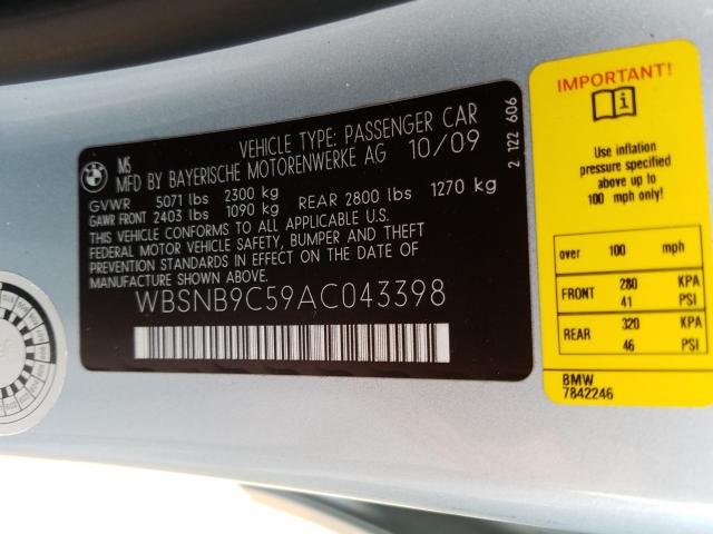 2010 BMW M5 WBSNB9C59AC043398