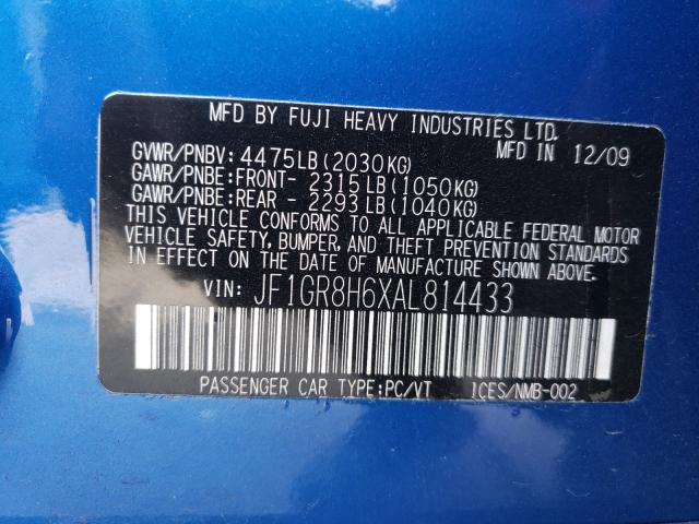 2010 SUBARU IMPREZA WR JF1GR8H6XAL814433