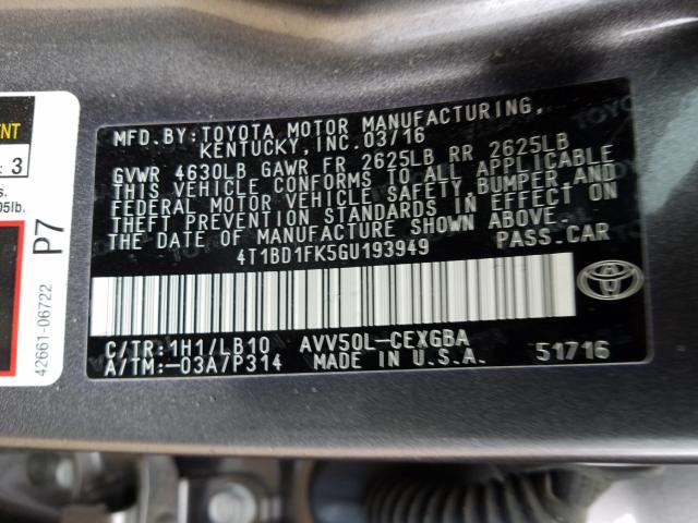 2016 TOYOTA CAMRY HYBR 4T1BD1FK5GU193949