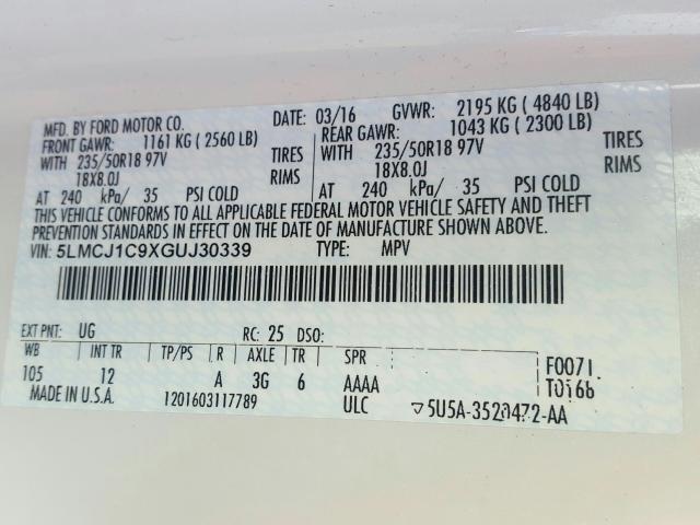2016 LINCOLN MKC PREMIE 5LMCJ1C9XGUJ30339