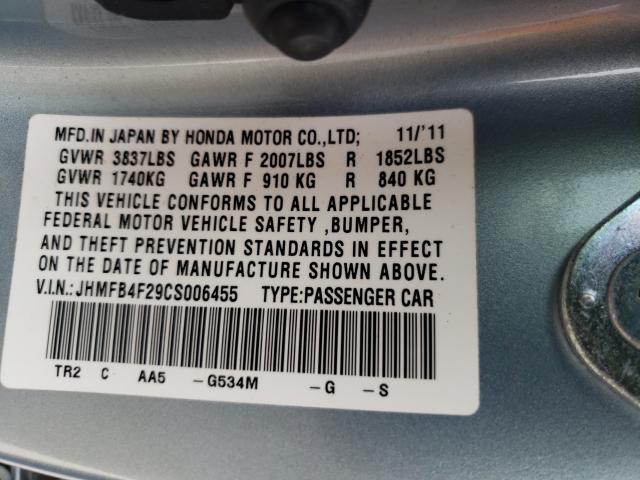2012 HONDA CIVIC HYBR JHMFB4F29CS006455
