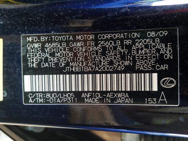 2010 LEXUS HS 250H JTHBB1BA7A2002749