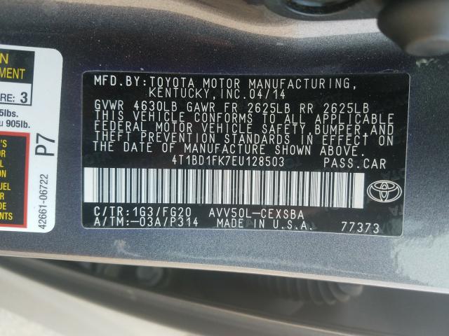 2014 TOYOTA CAMRY HYBR 4T1BD1FK7EU128503