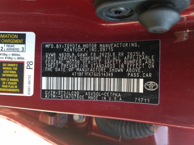 2016 TOYOTA CAMRY LE 4T1BF1FK7GU514349