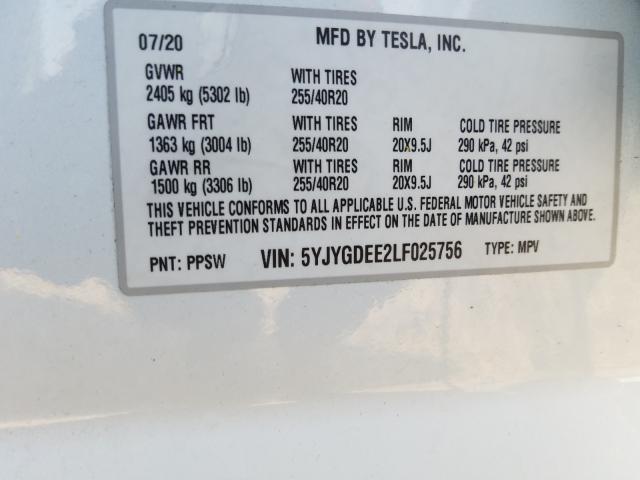 2020 TESLA MODEL Y 5YJYGDEE2LF025756