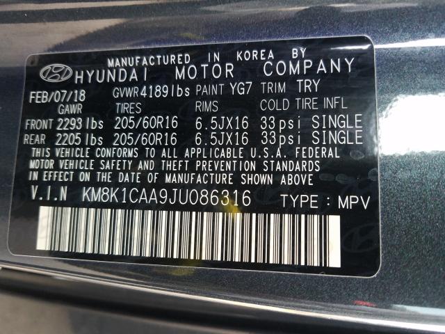 2018 HYUNDAI KONA KM8K1CAA9JU086316