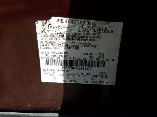 2012 FORD TAURUS SE 1FAHP2DW7CG118573