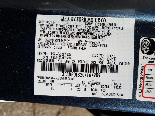 2012 FORD FUSION HYB 3FADP0L32CR167909
