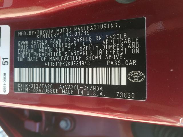 2019 TOYOTA CAMRY 4T1B11HK2KU731943