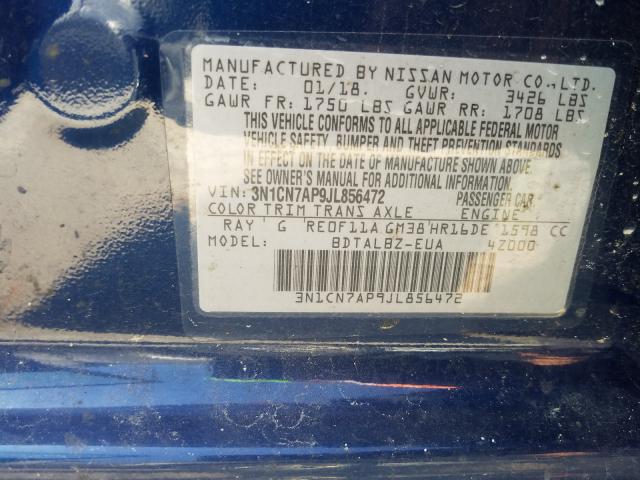2018 NISSAN VERSA S 3N1CN7AP9JL856472