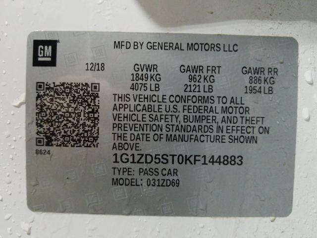2019 CHEVROLET MALIBU  LT 1G1ZD5ST0KF144883