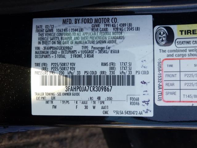2012 FORD FUSION 3FAHP0JA7CR309867