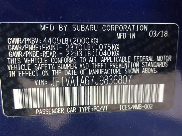 2018 SUBARU WRX JF1VA1A67J9836807