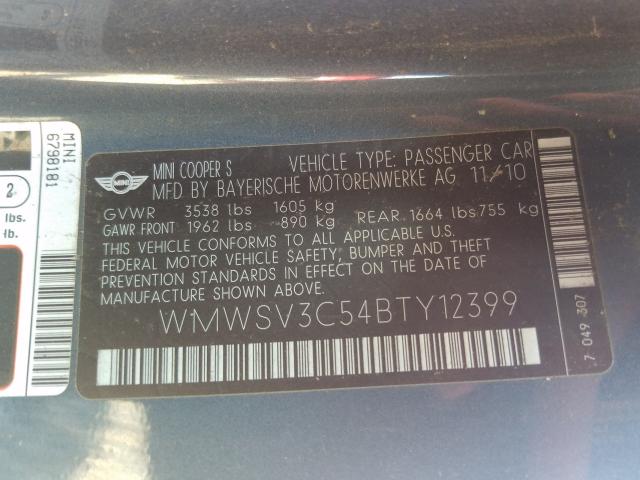 2011 MINI COOPER S WMWSV3C54BTY12399