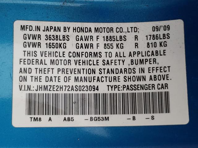 2010 HONDA INSIGHT EX JHMZE2H72AS023094