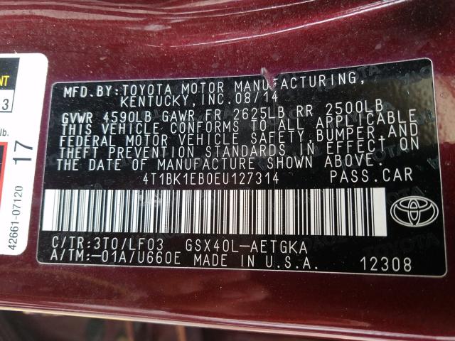 2014 TOYOTA AVALON BAS 4T1BK1EB0EU127314