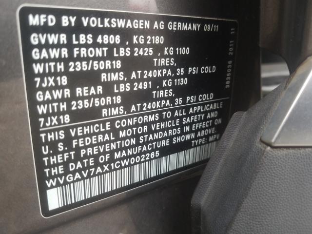 2012 VOLKSWAGEN TIGUAN S WVGAV7AX1CW002265