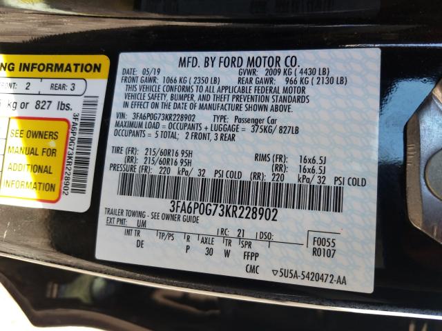 2019 FORD FUSION S 3FA6P0G73KR228902