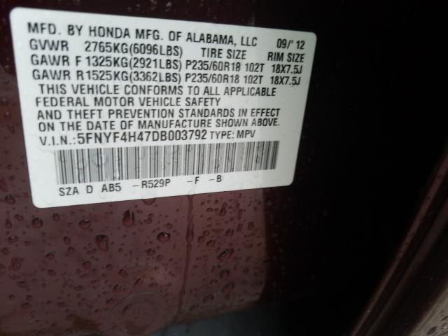 2013 HONDA PILOT EX 5FNYF4H47DB003792