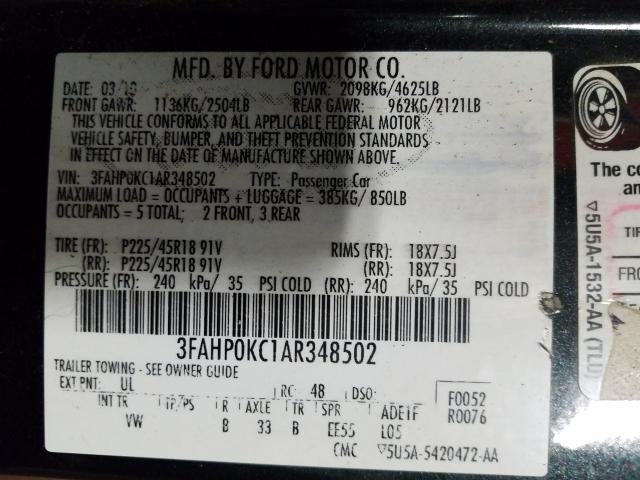 2010 FORD FUSION SPO 3FAHP0KC1AR348502