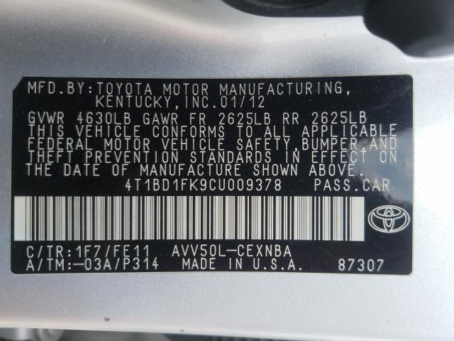 2012 TOYOTA CAMRY HYBR 4T1BD1FK9CU009378