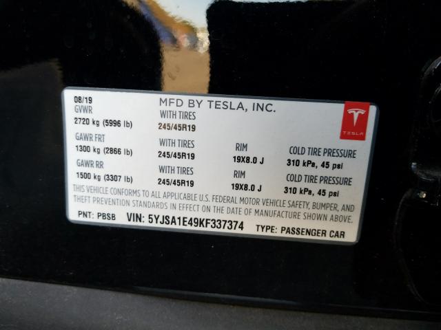 2019 TESLA MODEL S 5YJSA1E49KF337374