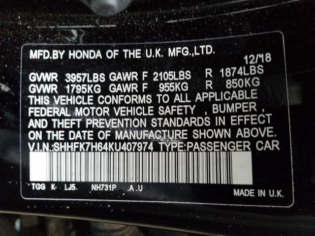 2019 HONDA CIVIC EX SHHFK7H64KU407974