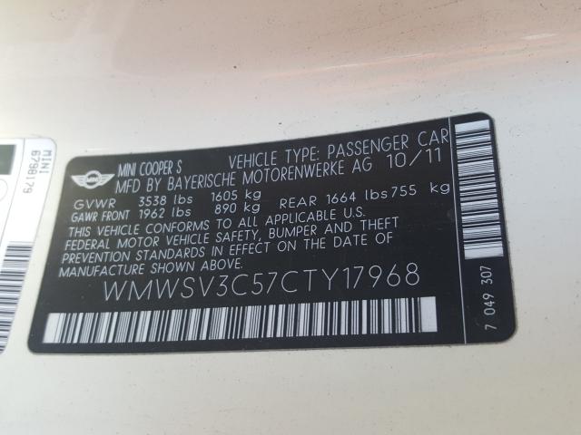 2012 MINI COOPER S WMWSV3C57CTY17968