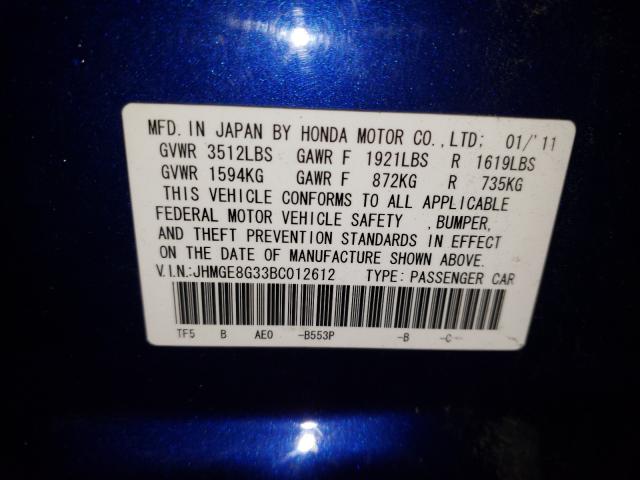 2011 HONDA FIT JHMGE8G33BC012612
