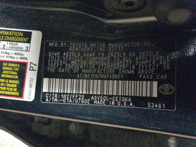 2017 TOYOTA CAMRY LE 4T1BF1FK7HU749951
