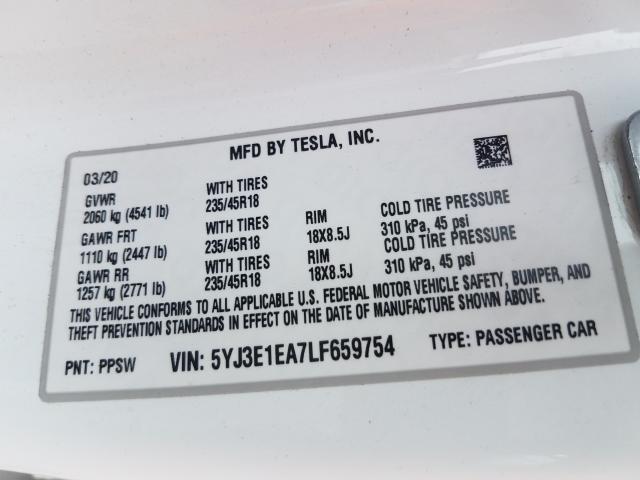 2020 TESLA MODEL 3 5YJ3E1EA7LF659754