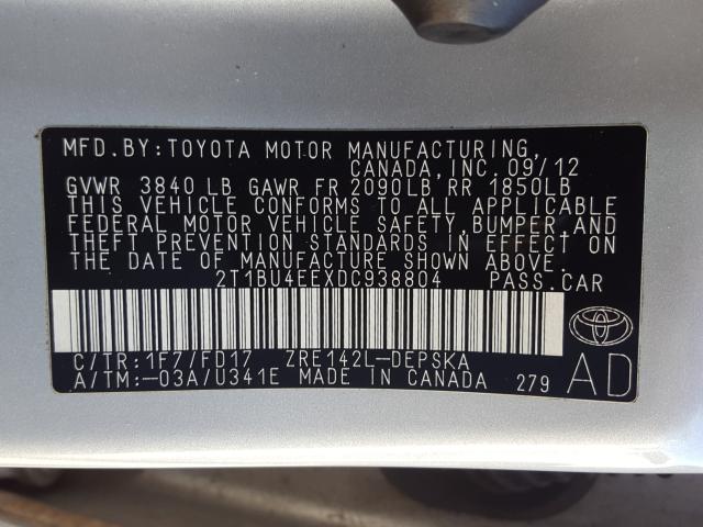 2013 TOYOTA COROLLA BA 2T1BU4EEXDC938804