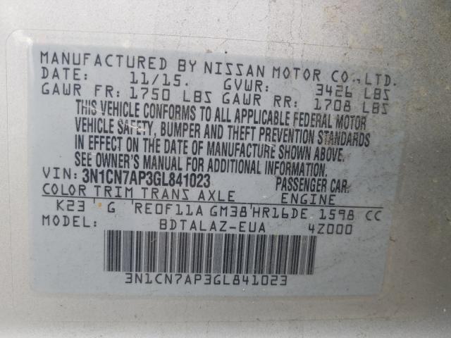 2016 NISSAN VERSA S 3N1CN7AP3GL841023