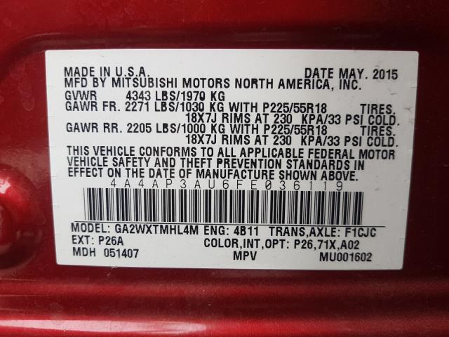 2015 MITSUBISHI OUTLANDER 4A4AP3AU6FE036119