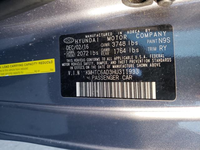 2017 HYUNDAI VELOSTER KMHTC6AD3HU311933