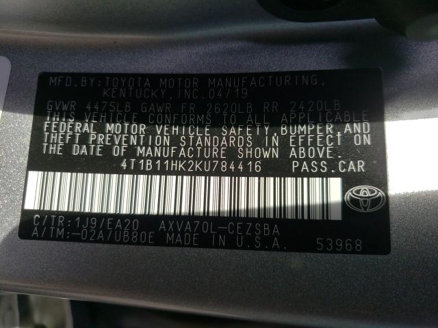 2019 TOYOTA CAMRY 4T1B11HK2KU784416