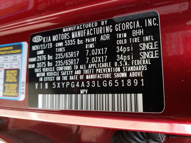 2020 KIA SORENTO L 5XYPG4A33LG651891