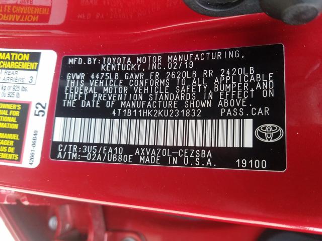 2019 TOYOTA CAMRY 4T1B11HK2KU231832