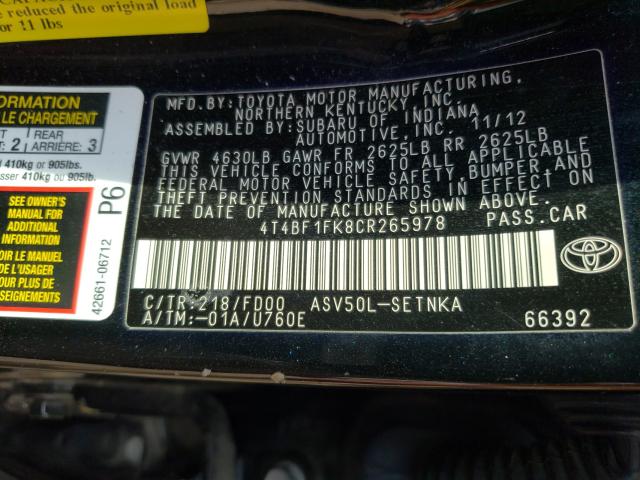 2012 TOYOTA CAMRY 4T4BF1FK8CR265978