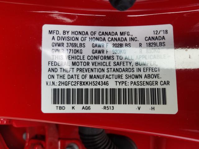2019 HONDA CIVIC SPOR 2HGFC2F8XKH524346